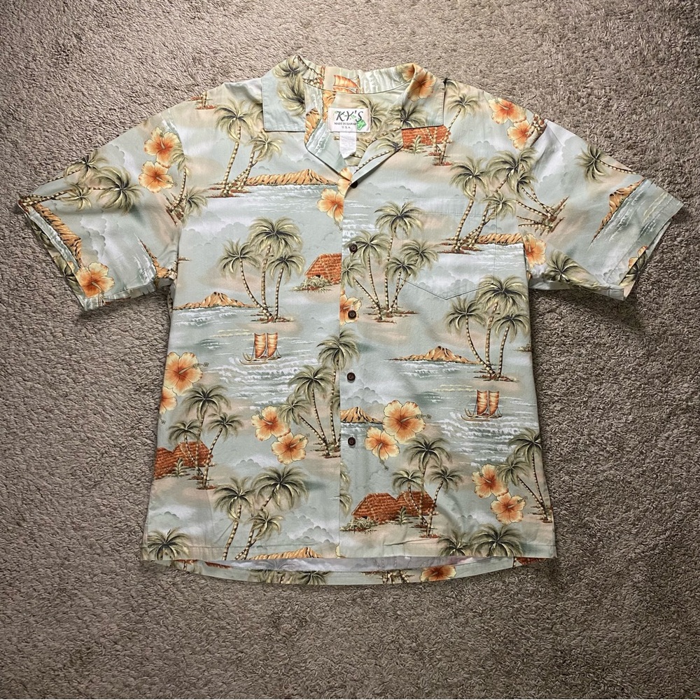 Ky's Hawaiian Shirt Large Floral Hibiscus Palm Tree Tropical Beach Button Up